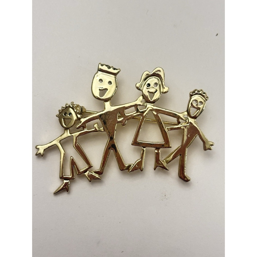 Stick Figure Family Brooch Pin Brushed Gold Tone Mom Dad Son Daughter
